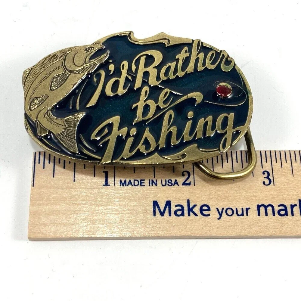Vintage Belt Buckle Solid Brass 1985 I'd Rather‎ Be Fishing Bass Fish USA Made